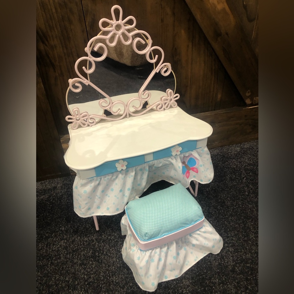 Vintage Doll Vanity Set with Mirror & Stool